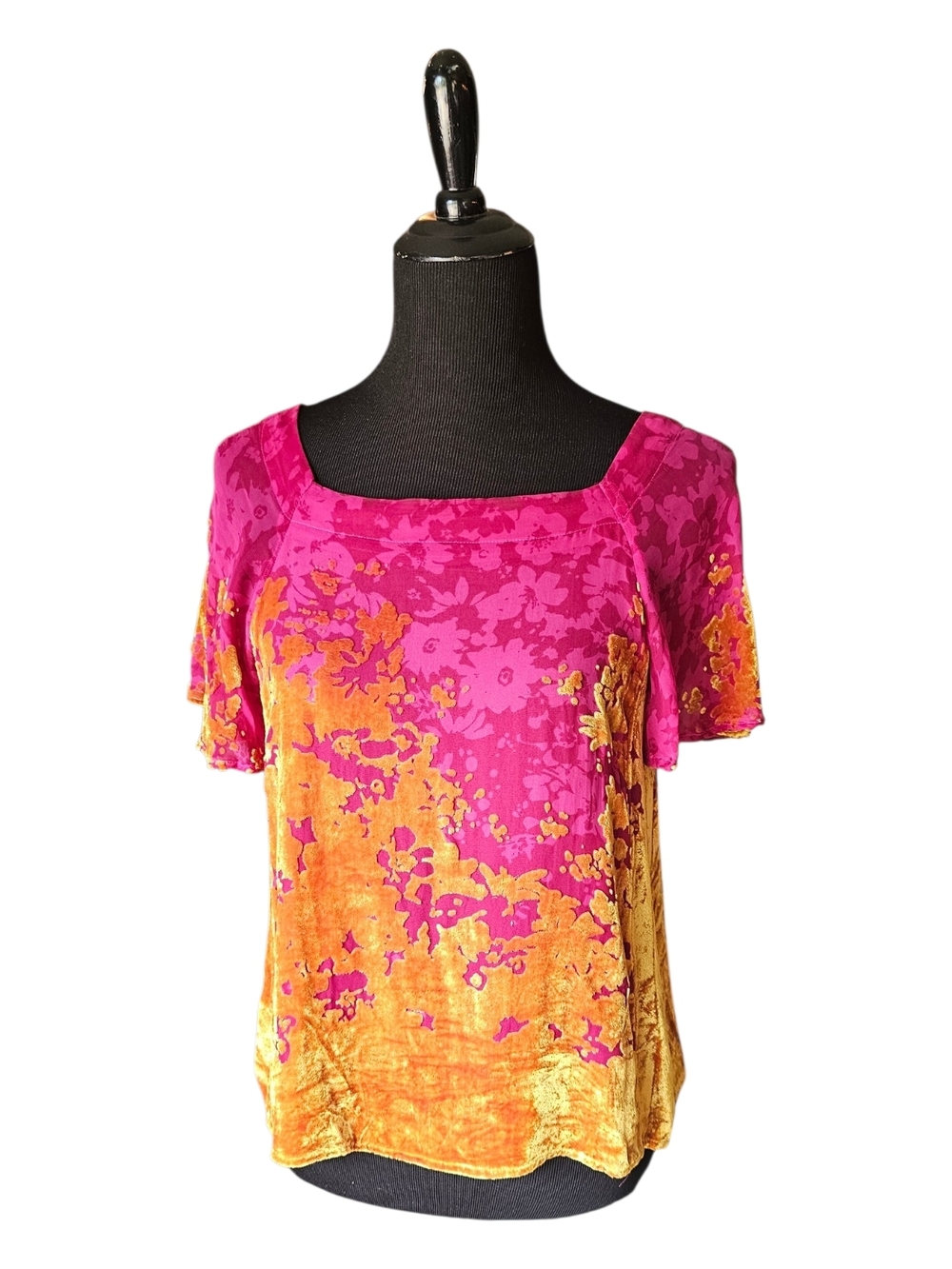 Maeve Anthropologie Velvet Burnout Top Small Pink Gold Floral Boho Blouse